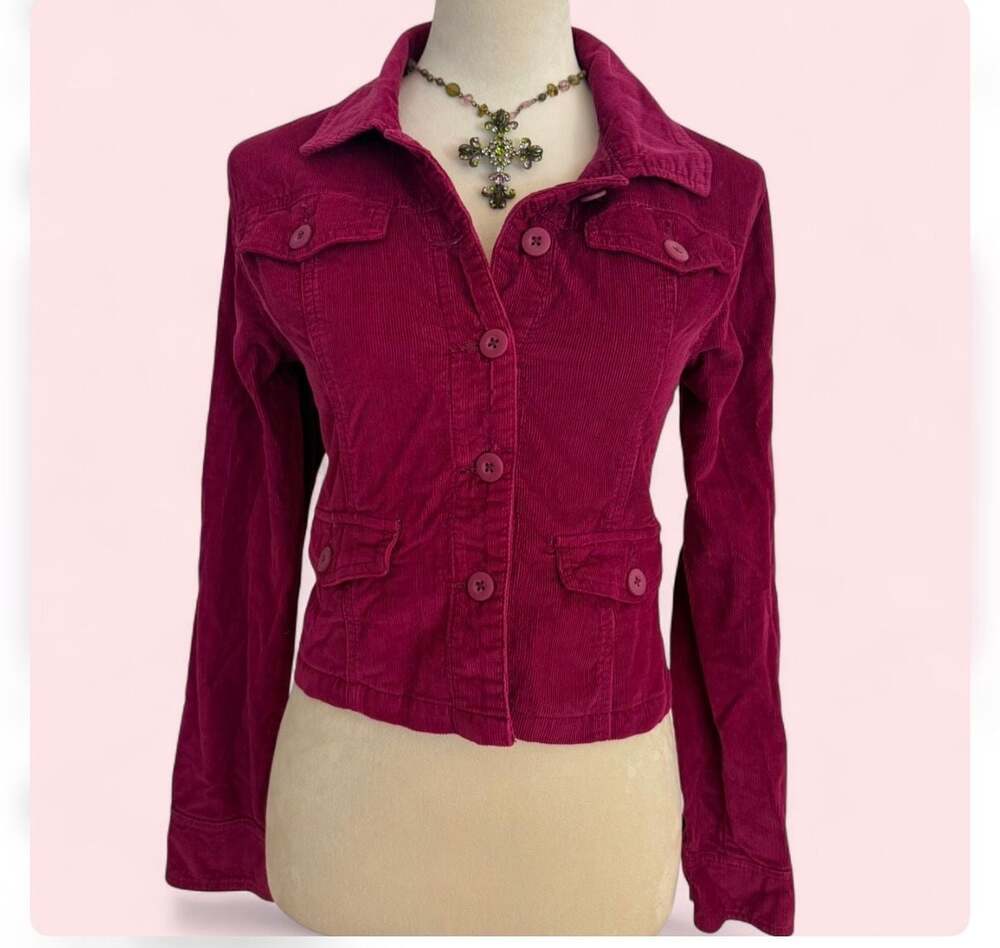 Cottagecore Vintage CRB Magenta Pink Corduroy Button Down Jacket with Floral Lin